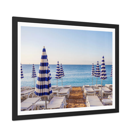 Blue Umbrellas - Beachfront Relaxation Framed Poster - Coastal Decor for Summer Vibes