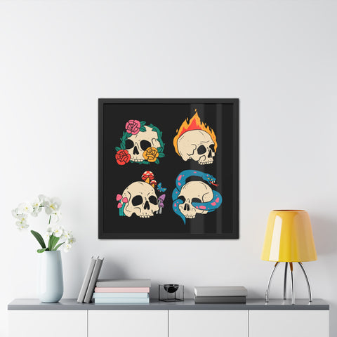 Four Skulls - Edgy Skull Art Framed Posters - Colorful Wall Decor for Halloween & Rock Lovers