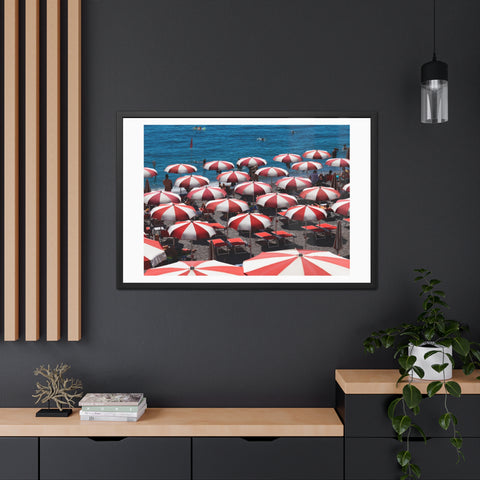 Red Umbrellas - Beach Umbrella Framed Poster - Coastal Decor for Summer Vibes
