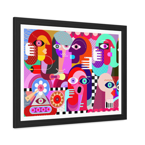 A Busy Day - Vibrant Framed Art Poster - Colorful Abstract Faces Design