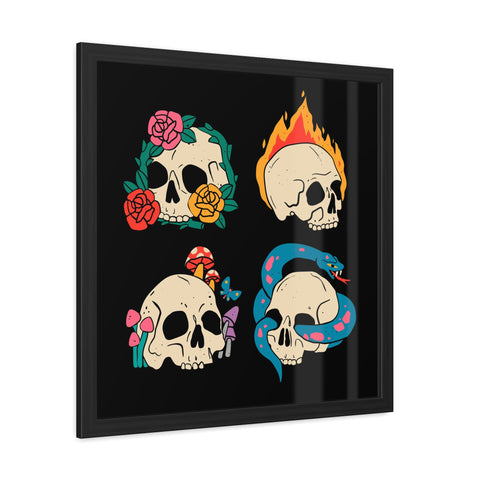 Four Skulls - Edgy Skull Art Framed Posters - Colorful Wall Decor for Halloween & Rock Lovers