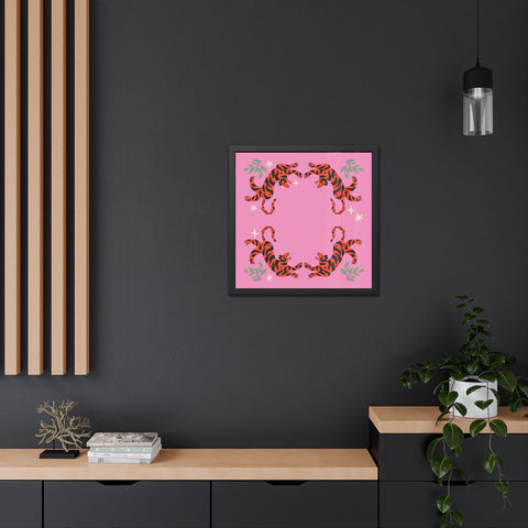 Circus Act 1 - Playful Tiger Framed Poster - Vibrant Pink Decor for Animal Lovers