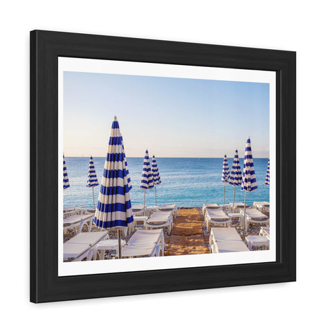 Blue Umbrellas - Beachfront Relaxation Framed Poster - Coastal Decor for Summer Vibes
