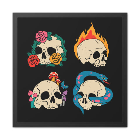 Four Skulls - Edgy Skull Art Framed Posters - Colorful Wall Decor for Halloween & Rock Lovers