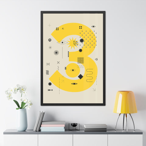 Kinta 3 - Modern Geometric Framed Poster - Bold Yellow '3' Design for Art Lovers