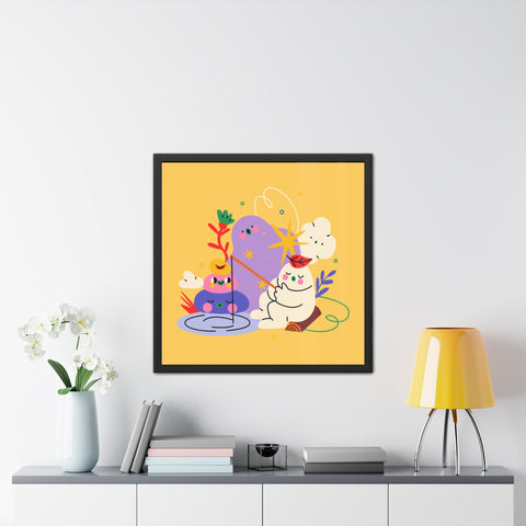Fun Land 3 - Colorful Whimsical Framed Poster - Playful Art with Fishing Cat and Fantasy Landscape