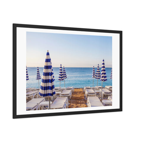 Blue Umbrellas - Beachfront Relaxation Framed Poster - Coastal Decor for Summer Vibes
