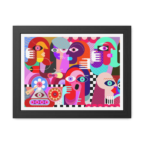 A Busy Day - Vibrant Framed Art Poster - Colorful Abstract Faces Design