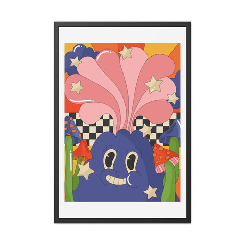 Fantasland 1 - Whimsical Framed Poster - Colorful Character with Stars and Mushrooms