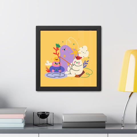 Fun Land 3 - Colorful Whimsical Framed Poster - Playful Art with Fishing Cat and Fantasy Landscape