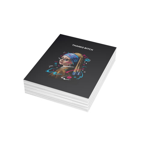 “Thanks Bitch” Girl with Pearl Reimagined Greeting Card — Thank you Greeting Card - Illustrated, Funny, Snarky, Modern