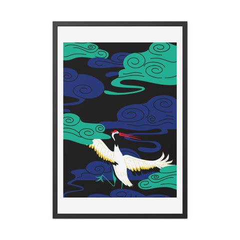 Japanese Garden 3 - Elegant Framed Poster - Majestic Crane with Colorful Clouds