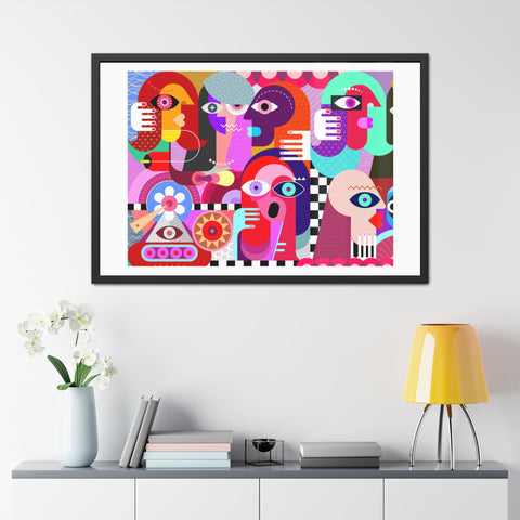 A Busy Day - Vibrant Framed Art Poster - Colorful Abstract Faces Design