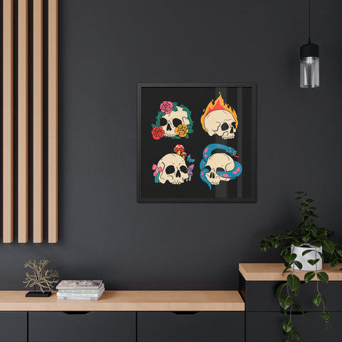 Four Skulls - Edgy Skull Art Framed Posters - Colorful Wall Decor for Halloween & Rock Lovers
