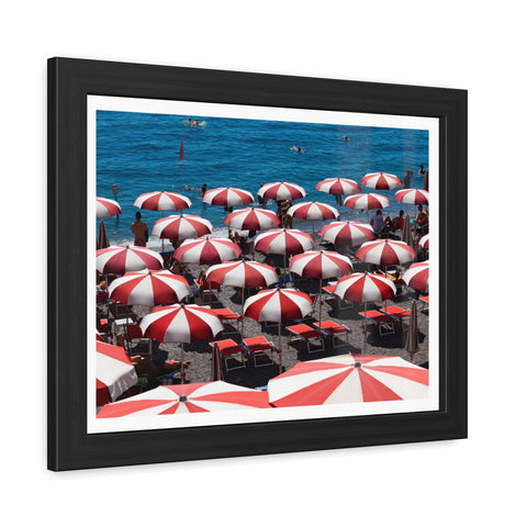 Red Umbrellas - Beach Umbrella Framed Poster - Coastal Decor for Summer Vibes