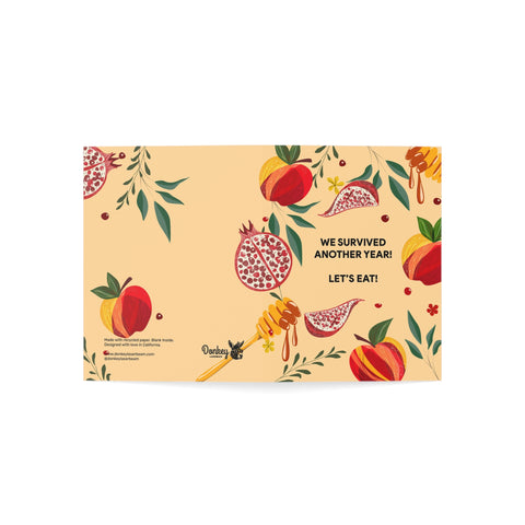“We Survived Another Year! Let’s Eat!” Floral Fruit Celebration Greeting Card — Rosh Hashanah / Holiday Greeting Card - Illustrated, Modern