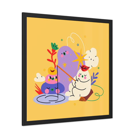 Fun Land 3 - Colorful Whimsical Framed Poster - Playful Art with Fishing Cat and Fantasy Landscape