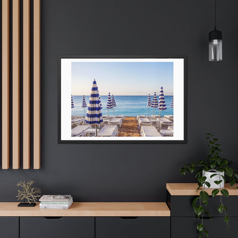 Blue Umbrellas - Beachfront Relaxation Framed Poster - Coastal Decor for Summer Vibes