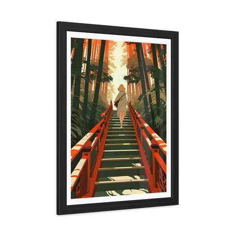 Into the Forest - Tranquil Nature Framed Poster - Serene Stairs through Bamboo Forest