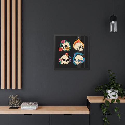 Four Skulls - Edgy Skull Art Framed Posters - Colorful Wall Decor for Halloween & Rock Lovers