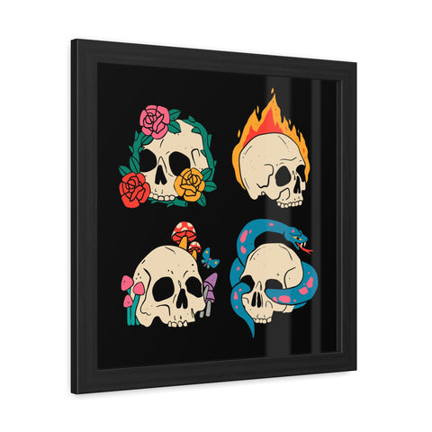 Four Skulls - Edgy Skull Art Framed Posters - Colorful Wall Decor for Halloween & Rock Lovers