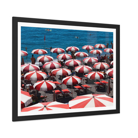 Red Umbrellas - Beach Umbrella Framed Poster - Coastal Decor for Summer Vibes