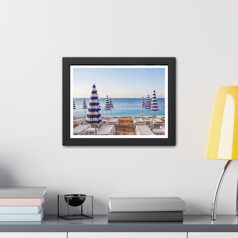 Blue Umbrellas - Beachfront Relaxation Framed Poster - Coastal Decor for Summer Vibes