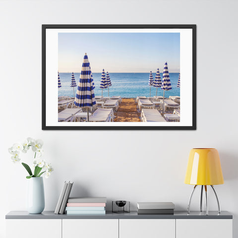 Blue Umbrellas - Beachfront Relaxation Framed Poster - Coastal Decor for Summer Vibes