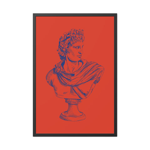 Greeked Out 3 - Vintage-Inspired Framed Poster of Classical Bust on Vibrant Background
