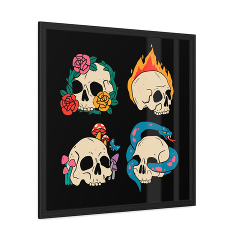 Four Skulls - Edgy Skull Art Framed Posters - Colorful Wall Decor for Halloween & Rock Lovers