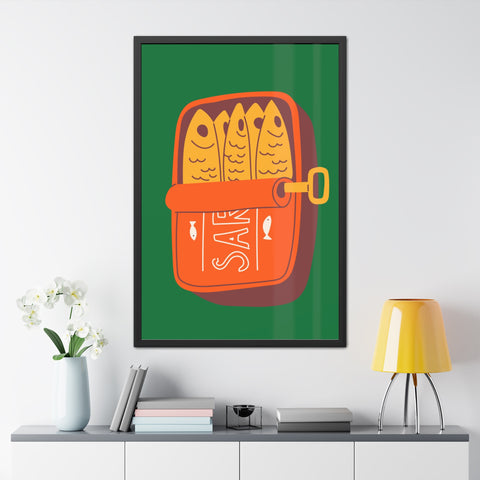 Whimsical Sardines Can Framed Poster – Quirky Wall Art for Foodies and Home Decor