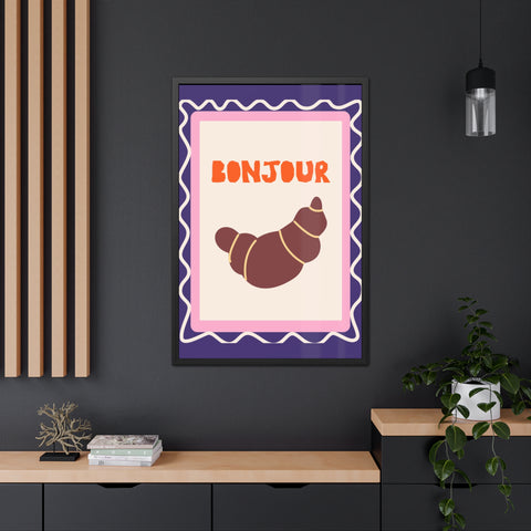 Whimsical Bonjour Croissant Framed Poster - Whimsical Wall Art for Café and Kitchen Decor