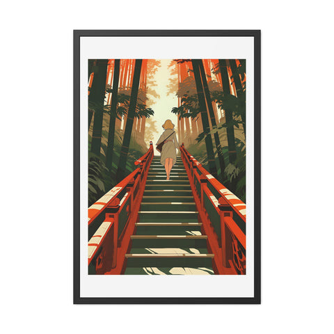 Into the Forest - Tranquil Nature Framed Poster - Serene Stairs through Bamboo Forest