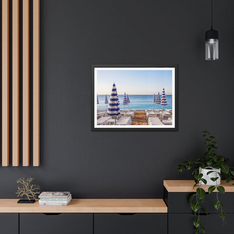 Blue Umbrellas - Beachfront Relaxation Framed Poster - Coastal Decor for Summer Vibes