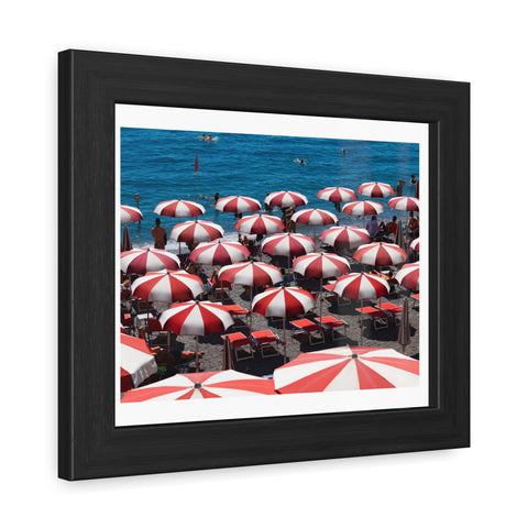 Red Umbrellas - Beach Umbrella Framed Poster - Coastal Decor for Summer Vibes