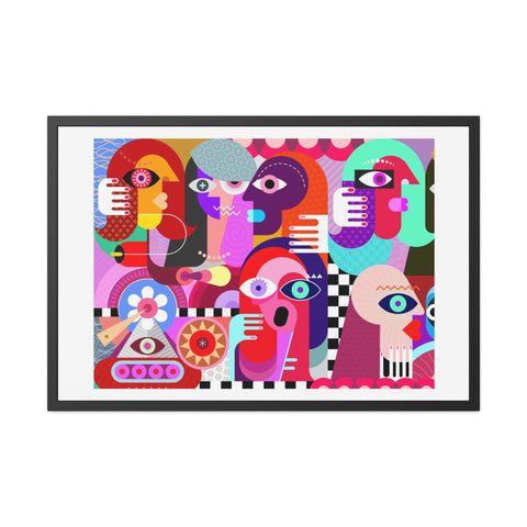 A Busy Day - Vibrant Framed Art Poster - Colorful Abstract Faces Design