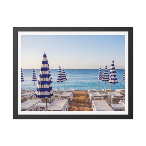 Blue Umbrellas - Beachfront Relaxation Framed Poster - Coastal Decor for Summer Vibes