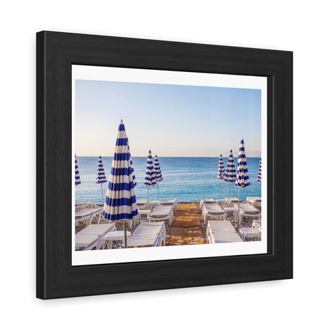 Blue Umbrellas - Beachfront Relaxation Framed Poster - Coastal Decor for Summer Vibes