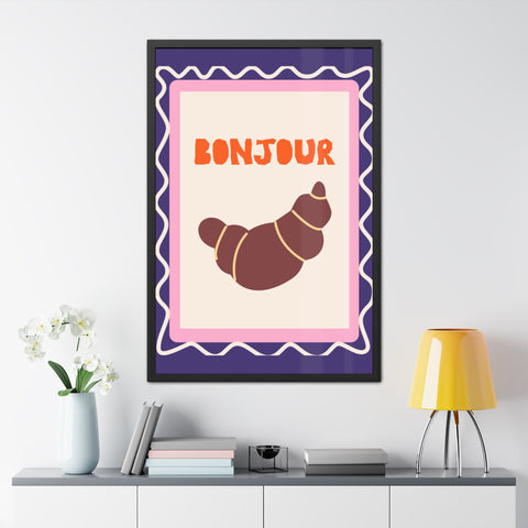 Whimsical Bonjour Croissant Framed Poster - Whimsical Wall Art for Café and Kitchen Decor