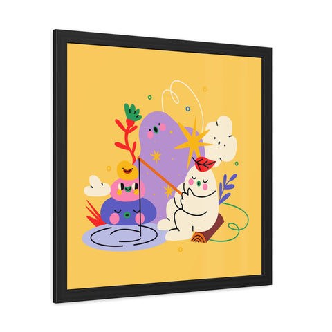 Fun Land 3 - Colorful Whimsical Framed Poster - Playful Art with Fishing Cat and Fantasy Landscape