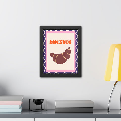 Whimsical Bonjour Croissant Framed Poster - Whimsical Wall Art for Café and Kitchen Decor
