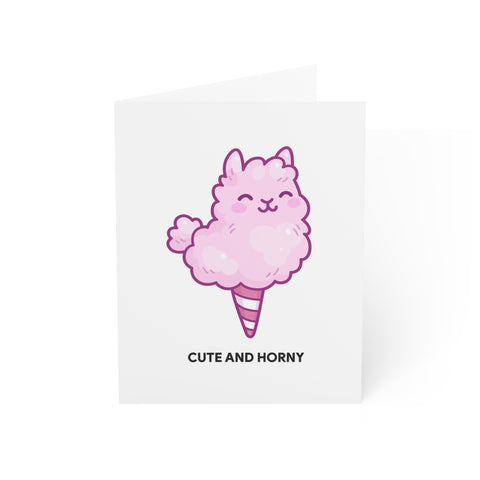 'Cute and Horny' Pink Cotton Candy Llama Greeting Card — Humorous Greeting Card - Illustrated, Funny, Snarky, Modern