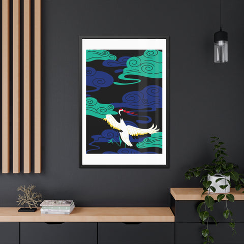 Japanese Garden 3 - Elegant Framed Poster - Majestic Crane with Colorful Clouds