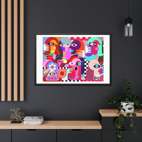 A Busy Day - Vibrant Framed Art Poster - Colorful Abstract Faces Design