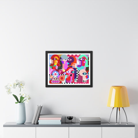 A Busy Day - Vibrant Framed Art Poster - Colorful Abstract Faces Design