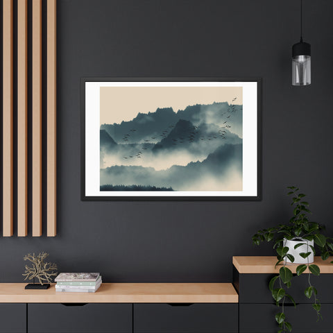 Foggy Morning 2 - Serene Mountain Landscape Framed Poster - Nature Wall Art for Tranquil Spaces