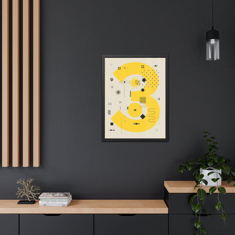 Kinta 3 - Modern Geometric Framed Poster - Bold Yellow '3' Design for Art Lovers