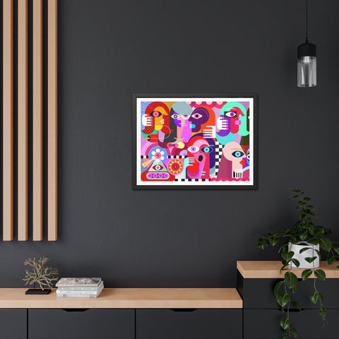 A Busy Day - Vibrant Framed Art Poster - Colorful Abstract Faces Design