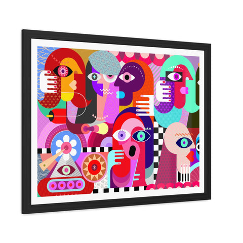 A Busy Day - Vibrant Framed Art Poster - Colorful Abstract Faces Design
