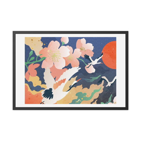 Pelican 1 - Elegant Framed Poster with Cherry Blossoms and Cranes - Art for Home Decor